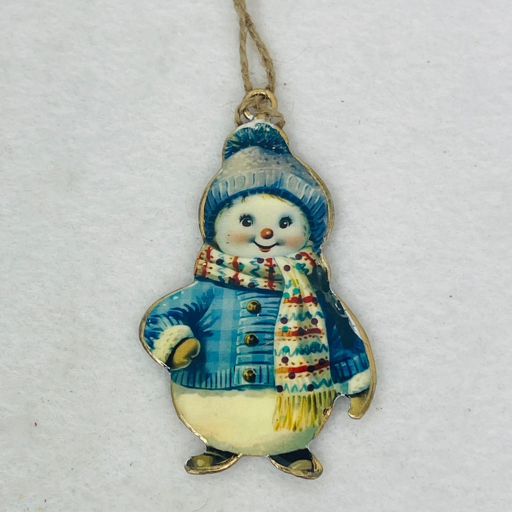 Unbranded Snowman Ornament OS Blue Plaid Cardigan Gold Tone Vintage Style Exc